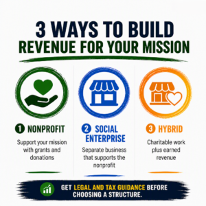 Infographic titled “3 Ways to Build Revenue for Your Mission,” comparing nonprofit, social enterprise, and hybrid structures. Green nonprofit icon represents grants and donations, blue social enterprise icon represents a separate supporting business, orange hybrid icon represents charitable work plus earned revenue; footer urges legal and tax guidance before choosing a structure.