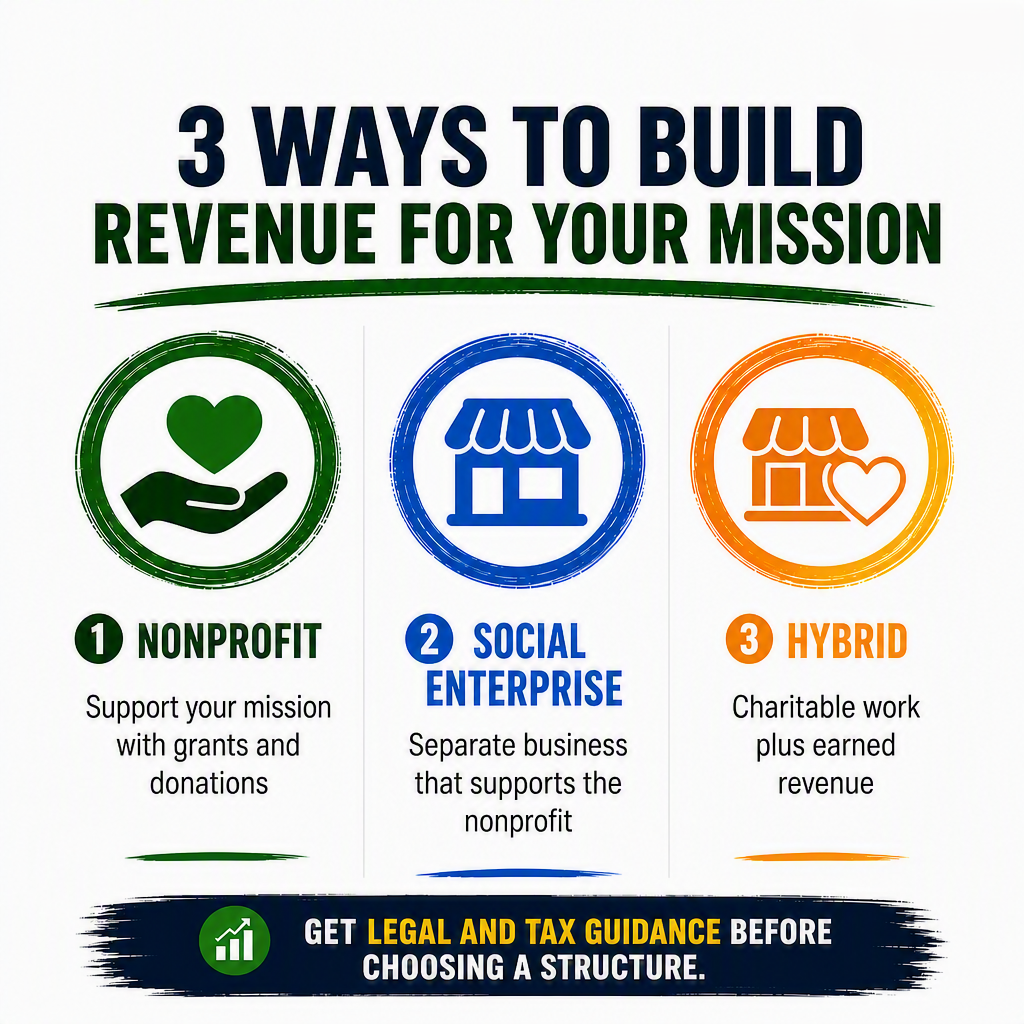 Infographic titled “3 Ways to Build Revenue for Your Mission,” comparing nonprofit, social enterprise, and hybrid structures. Green nonprofit icon represents grants and donations, blue social enterprise icon represents a separate supporting business, orange hybrid icon represents charitable work plus earned revenue; footer urges legal and tax guidance before choosing a structure.
