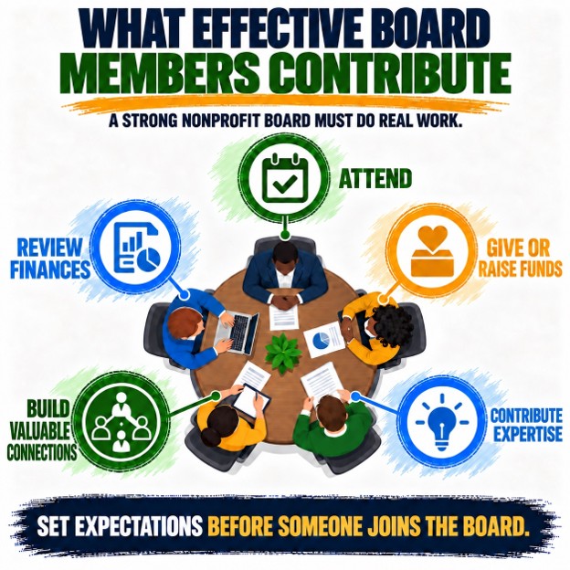 Infographic outlining effective nonprofit board member responsibilities, with a central meeting illustration surrounded by five labeled contributions: attend, give or raise funds, contribute expertise, build valuable connections, and review finances. Bold blue, green, and orange icons emphasize core roles, while headline and footer stress that strong boards do real work and should set expectations before recruiting members.