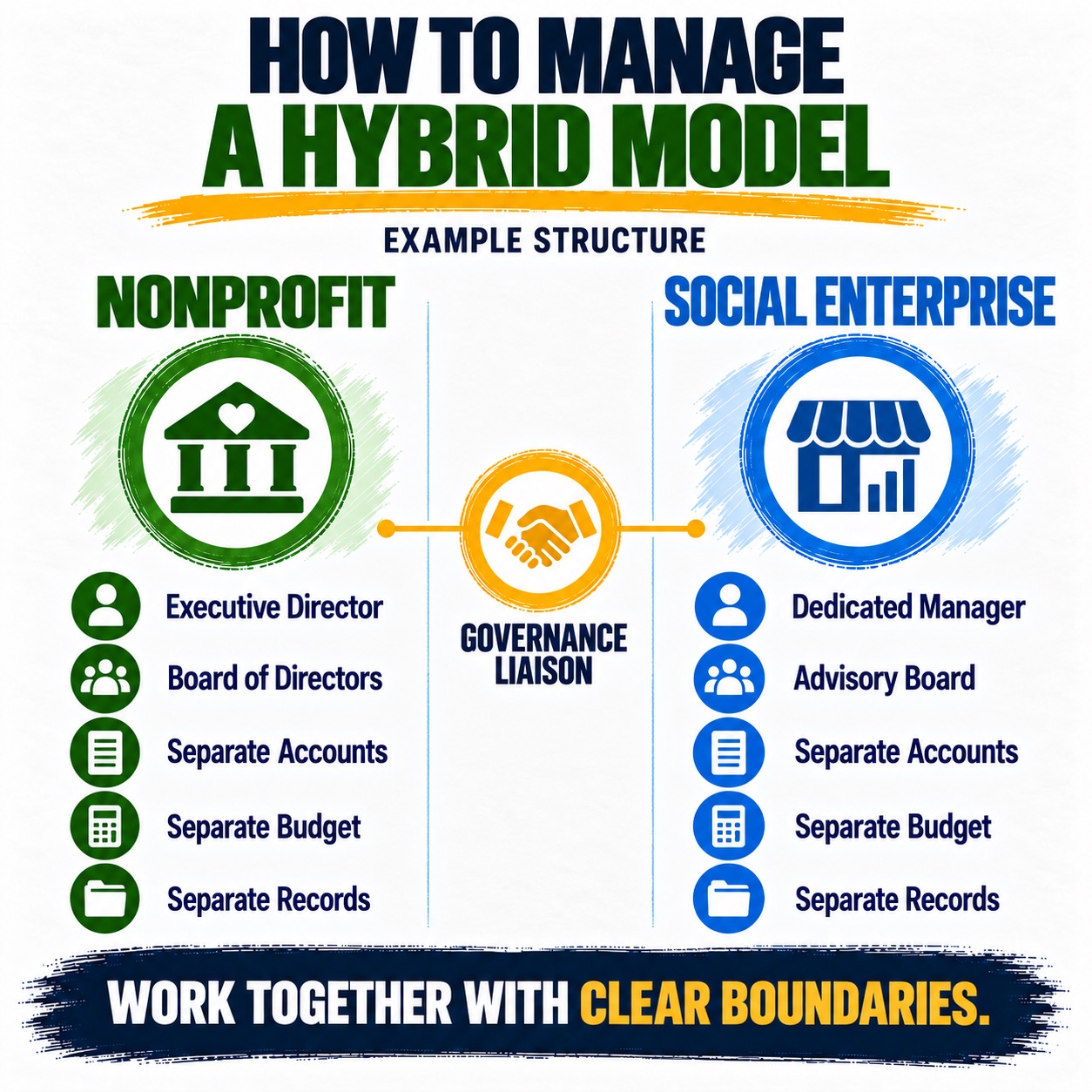 Infographic titled “How to Manage a Hybrid Model” presents example structure for coordinating nonprofit and social enterprise operations with clear boundaries. Green nonprofit column lists Executive Director, Board of Directors, separate accounts, budget, and records; blue social enterprise column lists Dedicated Manager, Advisory Board, separate accounts, budget, and records, while yellow Governance Liaison handshake connects both sides.